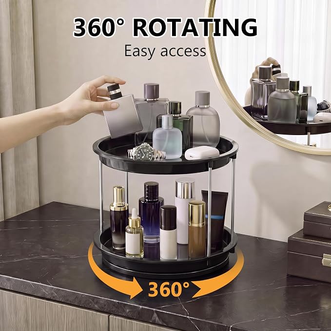 360 Rotating Makeup Organizer for Vanity, 2 Tier Cologne Organizer for Men, Skincare & Perfume Holder for Bathroom Counter, Dresser, Shelf, Cabinet, Black - Image 2