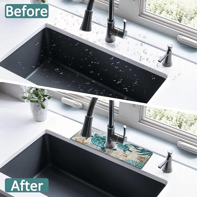 2 Pack Kitchen Sink Splash Guard Faucet Mat 15" X 5.5" Sea Turtle Absorbent Fast Drying Mat Faucet Draining Mat Sink Splash Guard Behind Faucet Drip Catcher for Kitchen Bathroom - Image 2