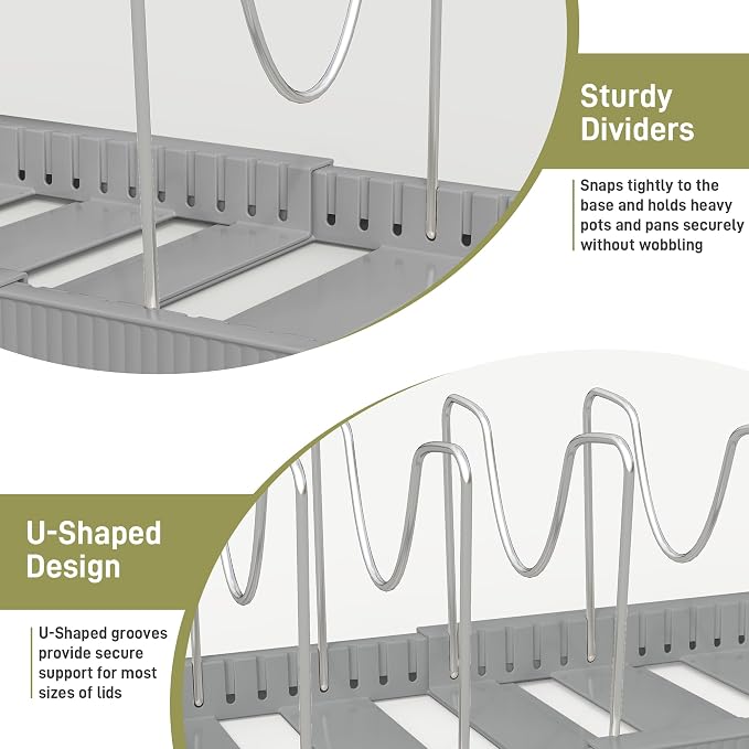 Expandable Pan Organizers Inside Cabinet with 12 Dividers Grey | Extends 12.9-21.9", Holds cookie sheets, cutting boards, pot lids and pans, iron dividers, plastic base, under cabinet rack - Image 6