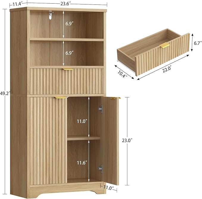 Tall Storage Cabinet with Adjustable Shelf & Drawer, Fluted Cabinet with Doors, Kitchen Pantry Cabinets, Bathroom Storage Cabinets, for Living Room, Entryway, Home Office, Natural - Image 3