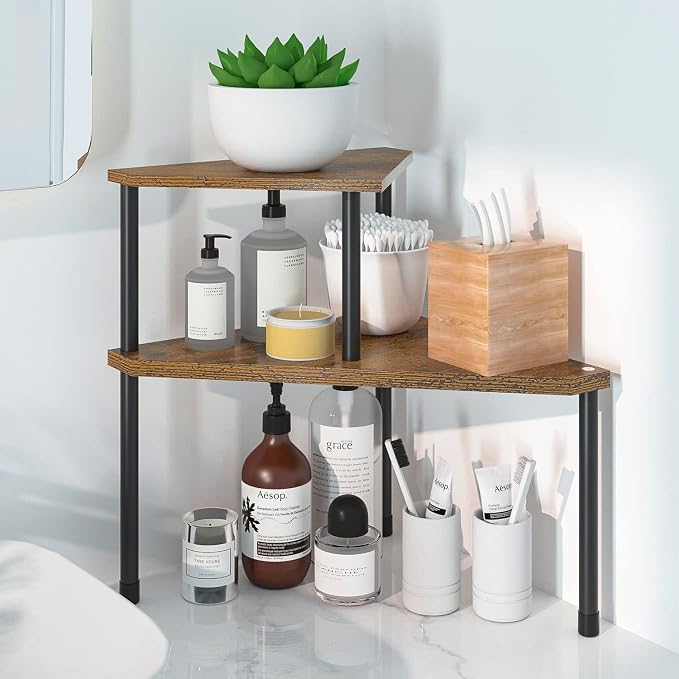 Weenson Kitchen Countertop Organizer Spice Rack for Salt, Bathroom Counter Organizer Over Sink for Toiletries, Makeup, 2-Tier Corner Counter Shelf for Coffee Area Storage Dresser Table(Rust Brown) - Image 6