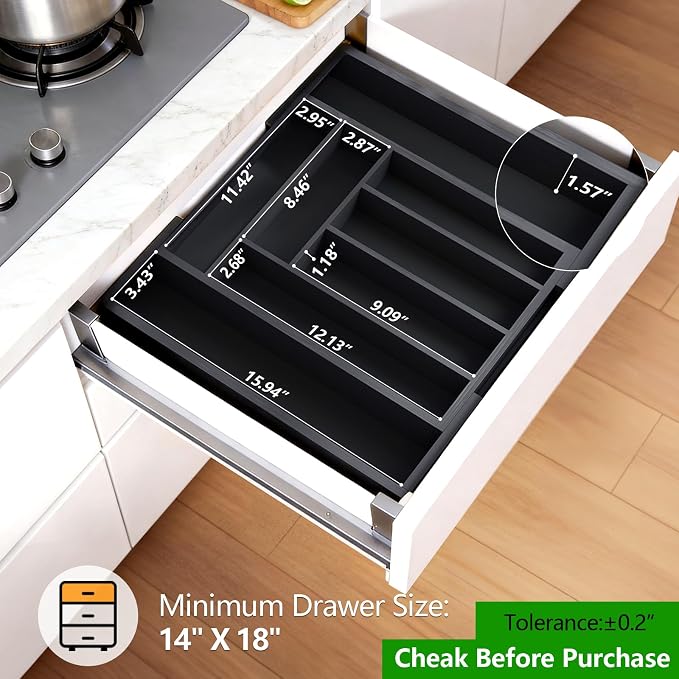 Pipishell Bamboo Expandable Drawer Organizer for Utensils Holder, Adjustable Cutlery Tray, Wood Drawer Dividers Organizer for Silverware, Flatware, Knives in Kitchen, Bedroom, Living Room (Black) - Image 2