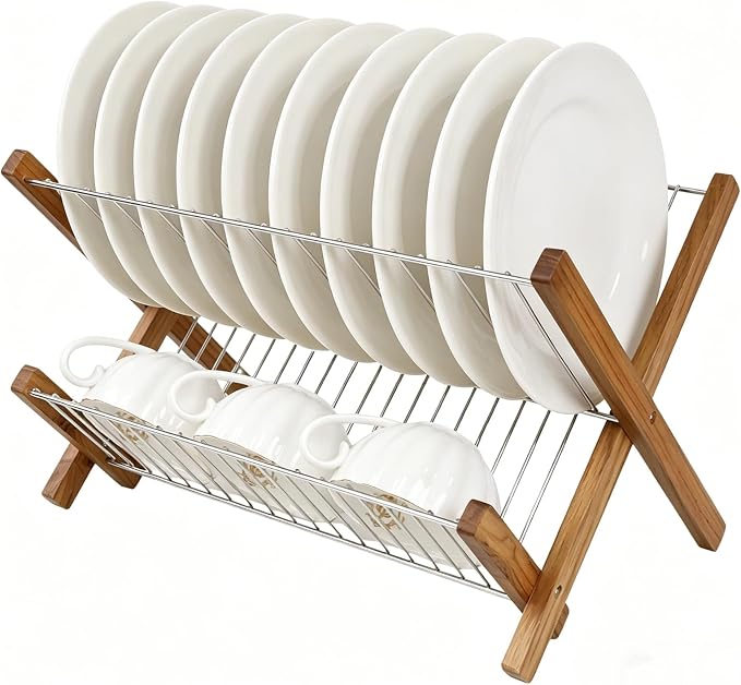 HTB Dish Drying Rack 2 Tier,Stainless Steel & Teak Wood Dish Drying Rack | Foldable Dish Drainer for Plates, Cups, Bottles, Kitchen Counter, Apartment, Collapsible Kitchen Drying Rack, Space Saving by HTB