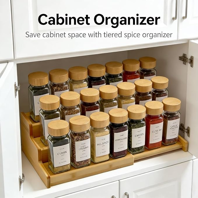 JinDoWin Spice Rack Organizer for Cabinets,Countertop & Pantries,2 Pack | Expandable design, 3-Tier stepped bamboo spice shelf, seasoning organizer, pantry organizers and storage - Image 9