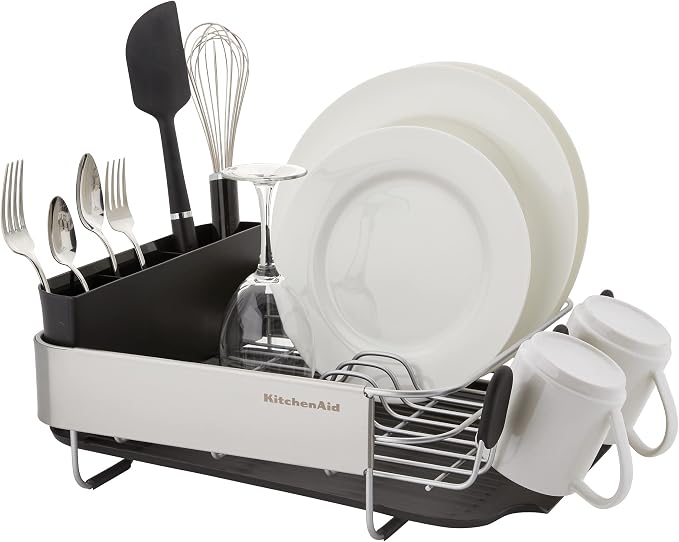 KitchenAid Compact, Space Saving Rust Resistant Dish Rack with Removable Flatware Caddy and Angled Self Draining Drainboard, 16.06-Inch, Black (Pack of 4) - Image 3