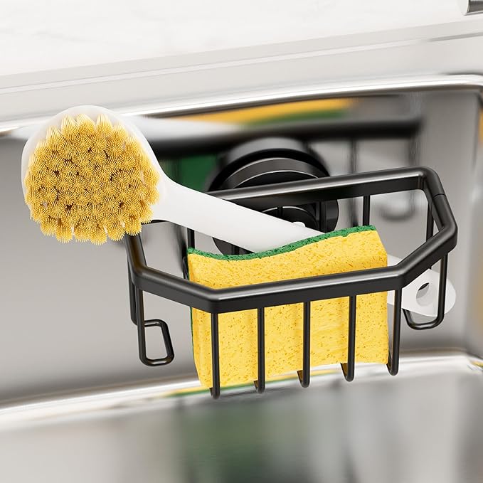 TAILI Sponge Holder for Kitchen Sink with Strong Suction Cup-Black | Removable Sink Caddy for Kitchen Sink Oganizer, Rustproof Aluminum Sink Sponge Holder for Scraper Brushes, Stoppers by TAILI