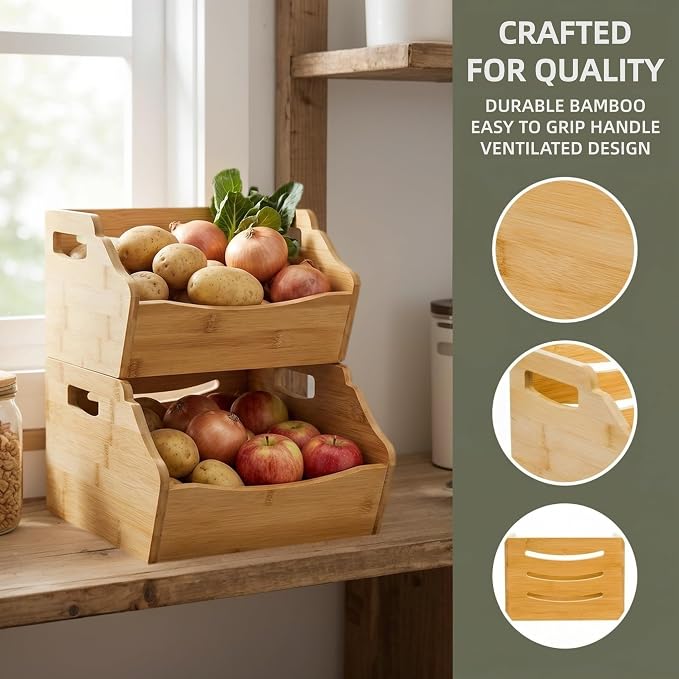 Cididu 2 Pack Bamboo Stackable Storage Bin, Countertop Open Front Stacking Bins, 2 Tier Organize Basket Box with Handle, Food Fruit Container for Cabinet, Kitchen, Studio, Office - Image 4