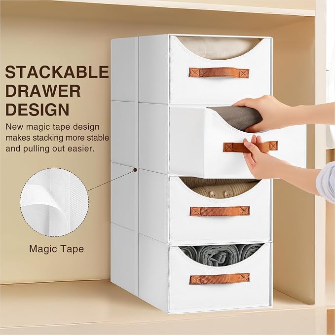 Stackable Storage Drawers - Large Collapsible Storage Bins with Drawers, 8 Pack Closet Shelf Organizer Basket, Fabric Pull Out Organizer for Bedroom, Living Room, Dorm, White - Image 4