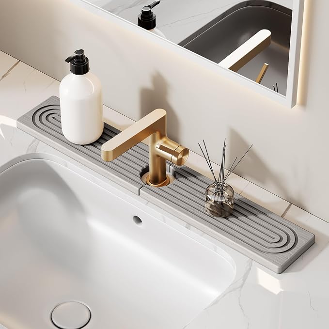 23.6 Inch Stone Faucet Mat for Kitchen Sink Splash Guard - Diatomite Quick Dry Stone Mat Kitchen Sink Protectors, Water-Absorbent Faucet Handle Drip Tray (Gray, 23.6" x 3.9") by Unknown