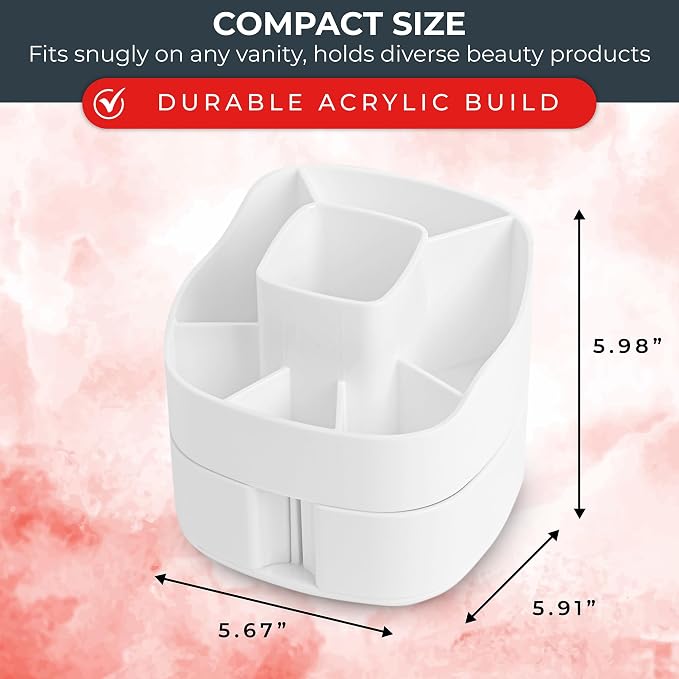 Masirs Small 360 Rotating Makeup Organizer, 5 Compartments, Square White | Small 360 Rotating Makeup Organizer, 5 Compartments, Acrylic Mini Lazy Susan, Vanity Bathroom Counter, Square White - Image 3