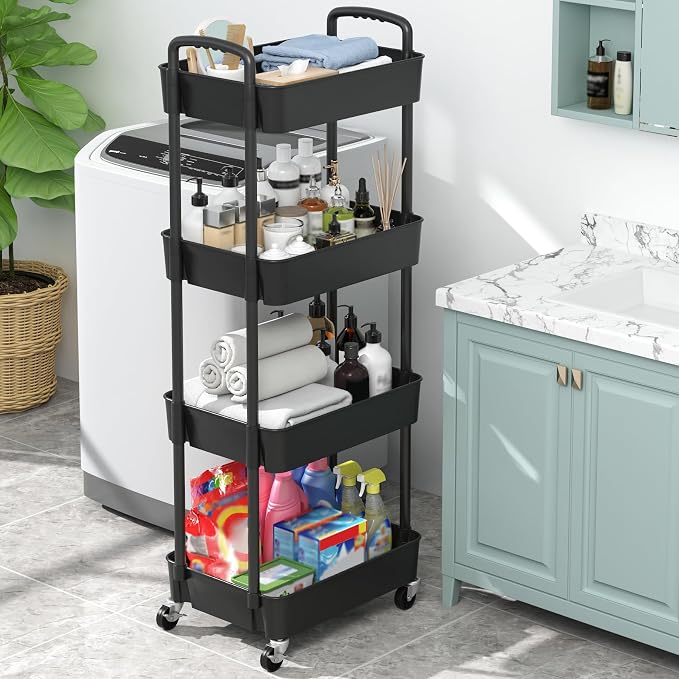 Sywhitta 4-Tier Plastic Rolling Utility Cart with Wheels for Storage, Black | Multi-Functional Storage Trolley, for Office, Living Room, Kitchen, Bathroom,Movable Organizer,Space-Saving,Easy to assemble - Image 5