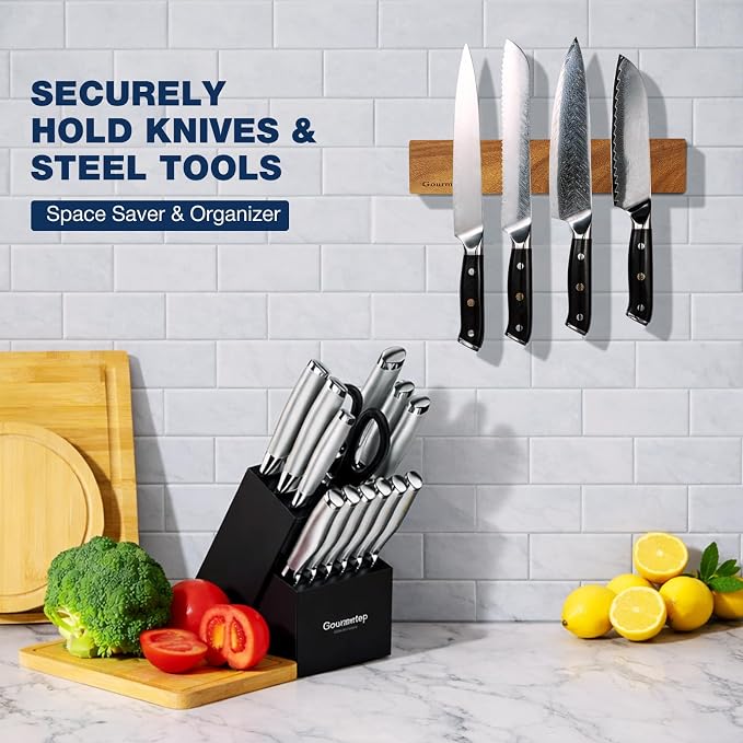 Magnetic Knife Holder for Wall 12”, Acacia Wood, No Drill, Fridge | Strong Dual-Row Magnet Holds 6 Knives & Heavy Cleavers, 3M Adhesive Tape & Screw Mount, Kitchen Knife & Utensil Organizer - Image 6