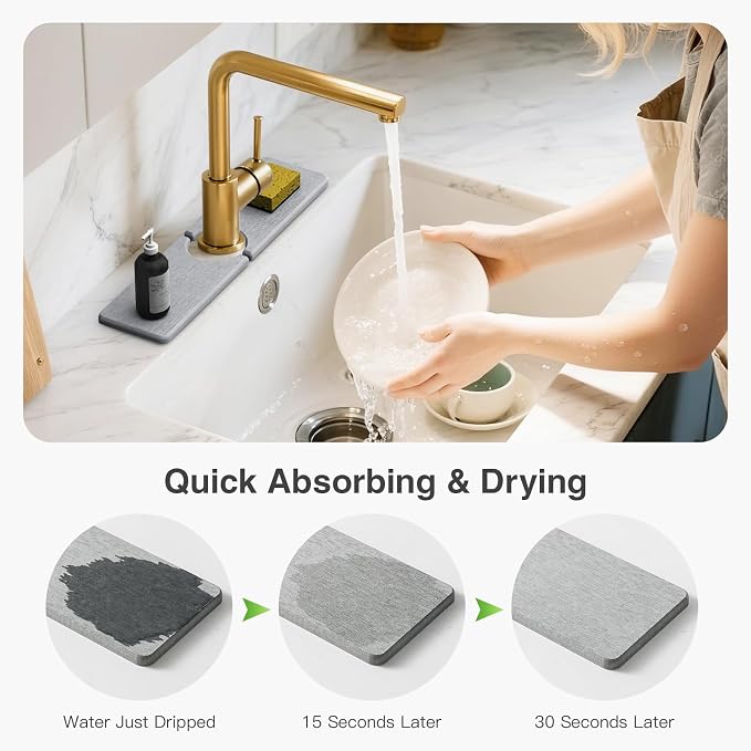 Premium Stone Faucet Mat for Kitchen Sink, 15.8" x 4" Light Gray | Quick Drying & Water Absorbent, Sink Splash Guard Tray for Prevents Moisture Buildup - Image 4