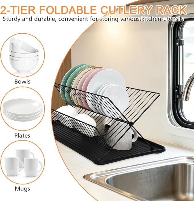 RV Foldable Dish Drying Rack, 2-Tier with Drip Tray, Stainless Steel Collapsible Rack for Sink & Kitchen Countertop, Space-Saving Dish Drainer Organizer for Dishes, Bowls, Plates, Cups - Image 4
