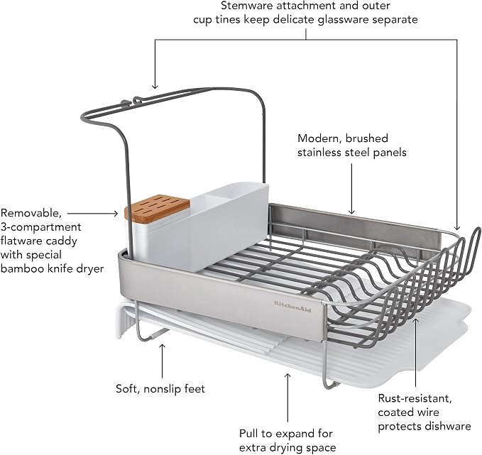 KitchenAid Full Size Compact to Full Capactiy Expandable Rust Resistant Dish Rack, with Self Draining Angled Drainboard and Removable Flatware Caddy, 24-Inch, White - Image 6