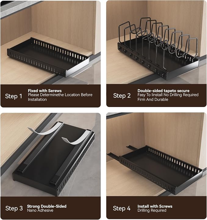 Black Pull Out Pot Lid Organizer, Cabinet Pan Rack | 8 Dividers - Image 3