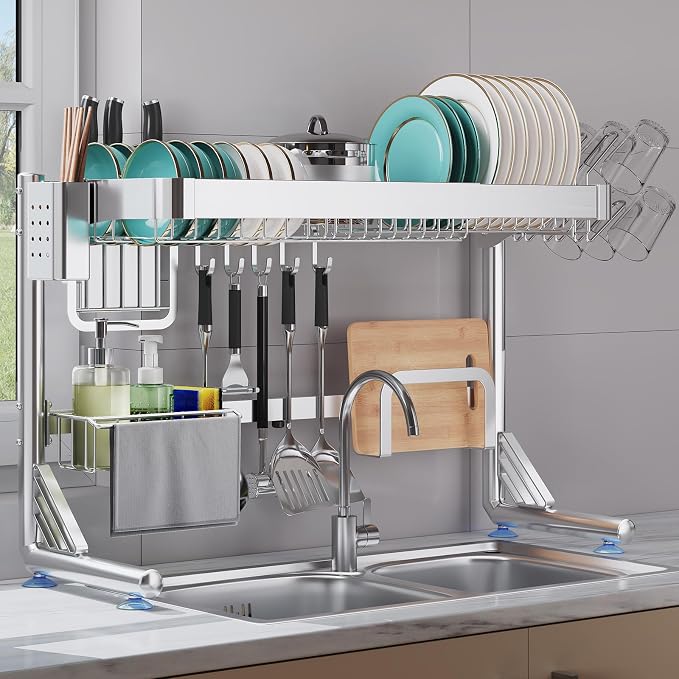 Over The Sink Dish Drainer Drying Rack 2 Tier Adjustable Width | 304 Stainless Steel Large Expandable Storage Kitchen Counter Organizer (Silver, 20.87'' to 37.6'') by Shrivee