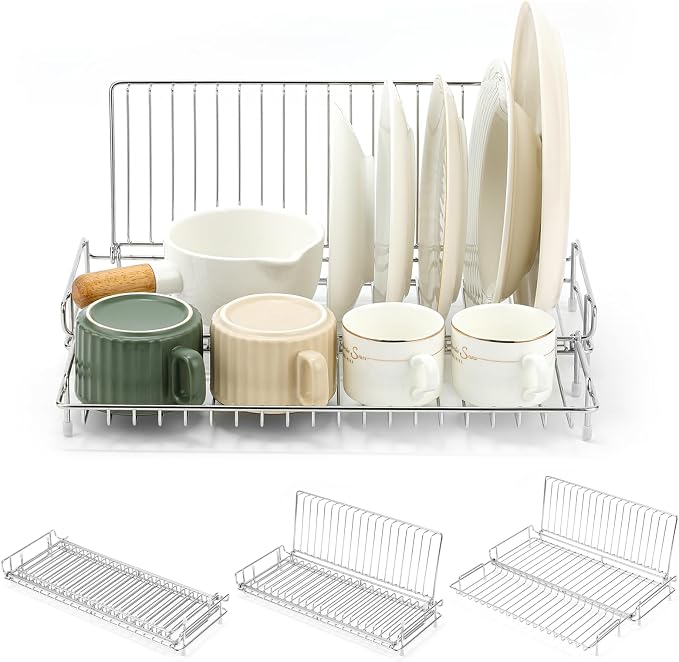 Collapsible Dish Drying Rack, Stainless Steel Folding Dish Rack | Foldable Small Dish Drying Drainer Racks for Kitchen Counter, Space-Saving & Compact Design, Silver by JMJEEMI