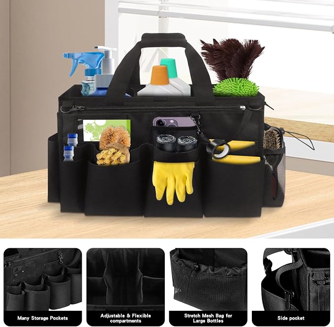 Grekos Wearable Cleaning Caddy Bag, Cleaning Caddy Suppliers Organizer with 4 Foldable Dividers, Handle & Shoulder Straps Cleaning Tool Organizers for Cleaners & Housekeeper (Black) - Image 5