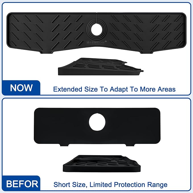 Faucet Mat for Kitchen Sink – 24” x 5.1” Extra-Long Silicone Splash Guard with 10° Slope & Upgraded Drainage – Gen 3 Sink Water Catcher & Sponge Holder for Kitchen, Bathroom (Black) - Image 3