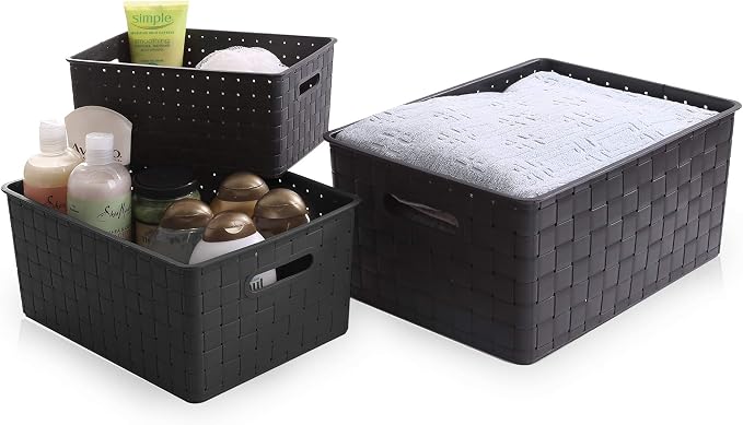 BINO | Plastic Basket, Large - Black | 3 Pack | THE STABLE COLLECTION | Multi-Use Storage Basket | Rectangular Cabinet Organizer | Home & Office Storage Organizer | Baskets for Bathroom Organizing - Image 4