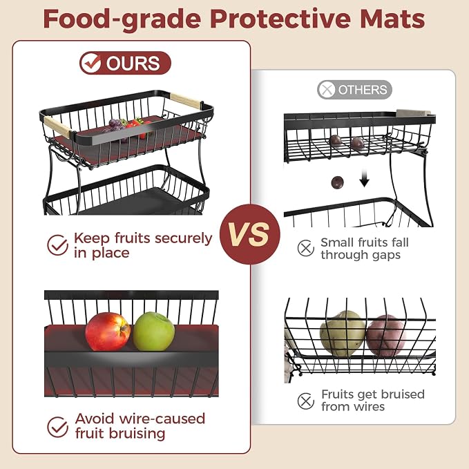 3-Tier Fruit Basket with Banana Hangers, Detachable Metal Bowl | Wooden handle, protective mats included. Versatile holder for bread, snacks, and veggies. Large 3 tier metal design. - Image 5