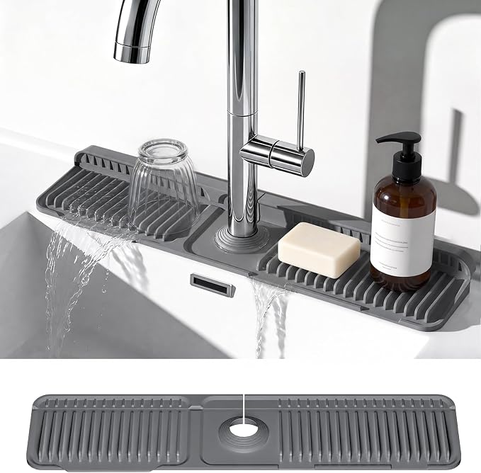 24 Inch Faucet Mat for Kitchen Sink, Silicone Splash Guard for Kitchen Sink Area, 7° Slope Fast Self-Draining Sink Mat, Cuttable Hole Design, Sink Backsplash Guard Draining Mat, Dark Grey by Prolixity