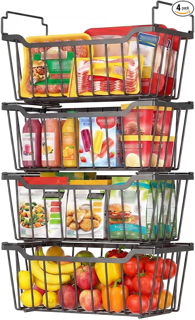 Goovilla Freezer Organizer Bins for 5-7 Cu.FT Chest Freezer, 4 Pack Black | Foldable Handle Stackable Freezer Baskets, Coated Metal Freezer Storage Bins with Better Space Utilization, Deep Organization by Goovilla
