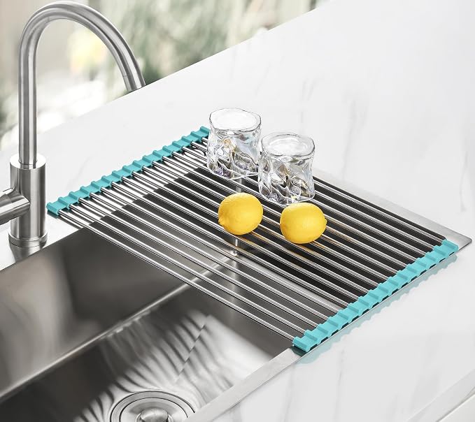 Tomorotec Roll Up Dish Drying Rack Over Sink, 304 Steel, 17.7x12.5, Green | Anti-Slip Silicone Rims For Grip, Heat-Resistant Trivet Mat Holding Heavy Cookware, Rustproof Kitchen Counter Space Saver - Image 8
