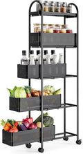 KINGRACK 5 Tier Slim Rolling Cart with Drawer, Metal Utility Storage Cart | 4 Pull-out Baskets, Lockable Wheels, Narrow Space Trolley Organizer for Bathroom, Kitchen, Office, Dorm, Laundry Room, Black by KINGRACK