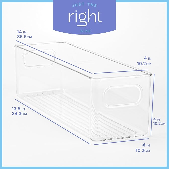 Plastic Food Storage Clear Container Bin with Handles for Organizing Kitchen, Pantry, Refrigerator, Freezer, Pantry, Cabinet, Closet, Bathroom. 14”x4”x4” - Image 3