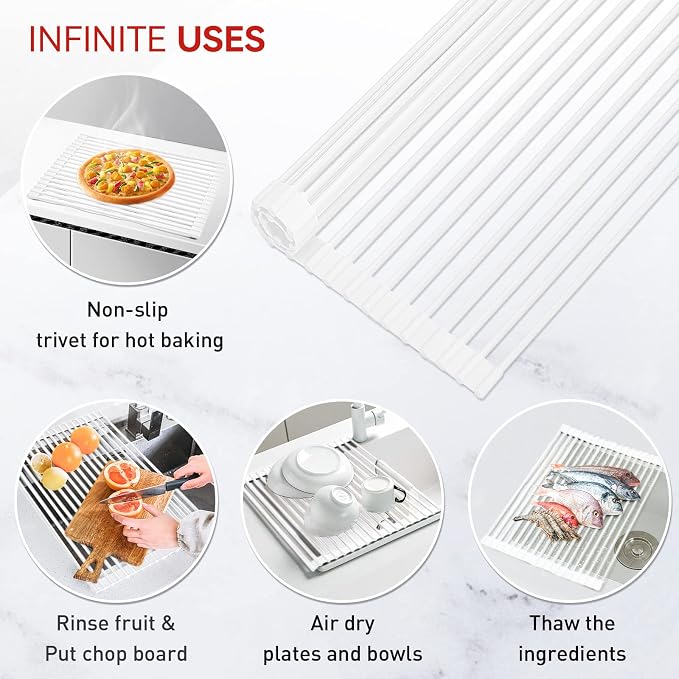 MERRYBOX Roll Up Dish Drying Rack, Silicone Wrapped Over The Sink Dish Rack Foldable Dish Drainer Anti-Slip Dish Racks for Kitchen Counter, Multipurpose Kitchen Sink Drying Rack, 18" x 13", White - Image 3