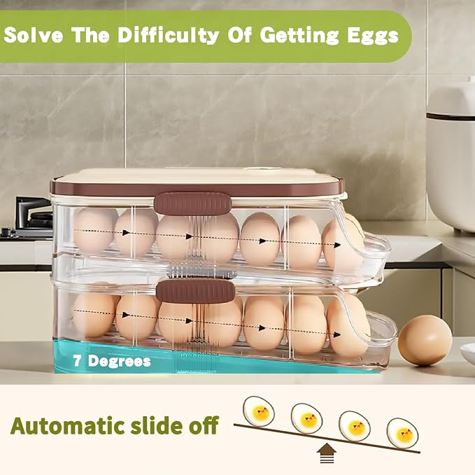 Egg Holder for Fridge,28 Auto Rolling Egg Container Clear& Lid | Stackable Eggs Organizer and Storage, 7-Degree Slope , Timed Freshness, Sturdy Dispenser & Tray for Refrigerator with Handle - Image 6