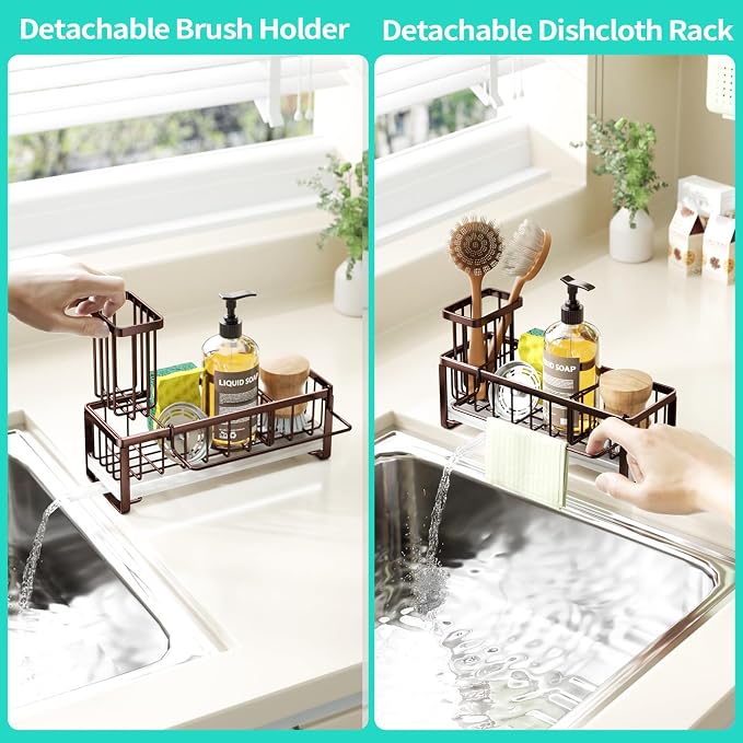 HapiRm Sponge Holder for Kitchen Sink - Self-draining Sink Caddy with Brush and Dishcloth Holders, Stainless Steel Kitchen Organizer for Countertop - Bronze - Image 3