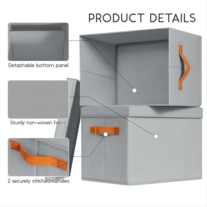 Storage Bins with Lids - Large Fabric Closet Bins with Lid, 5 Pack Clothes Organizers and Storage, Collapsible Stackable Cube Basket for Home, Office, Dorm, Grey - Image 4