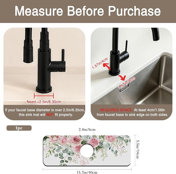 Faucet Mat for Kitchen Sink Watercolor Floral Pink Flowers Sink Splash Guard Behind Faucet Soft Diatom Mud Material Non-slip Easy to Clean for Bathroom & Kitchen 15"X5.5" - Image 2