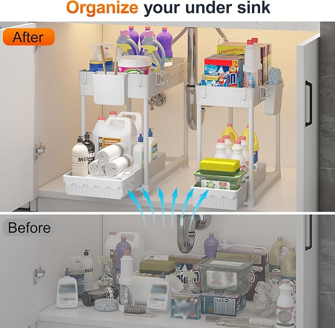 4-Pack 2-Tier Under Sink Organizer with Pull Out Drawers | Multi-use kitchen & bathroom storage. Includes hanging hooks and cups. White, space-saving cabinet design. 14.8 Inch - Image 3