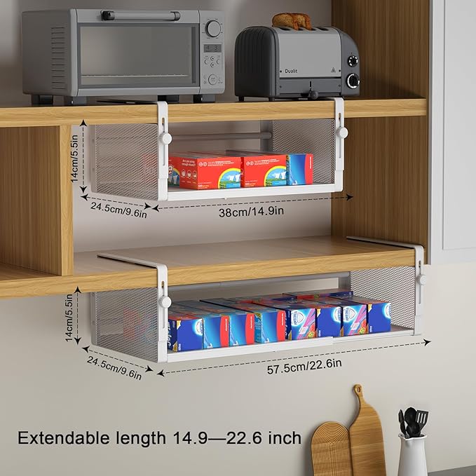 AmonHouseware 2Pack Expandable Under Shelf Storage Basket Organizer, White | Adjustable Hanging,Length Stretchable14.9-22.6Inch,Under Cabinet Shelf for Laundry Room Kitchen Pantry Desk Counter Cupboard - Image 2