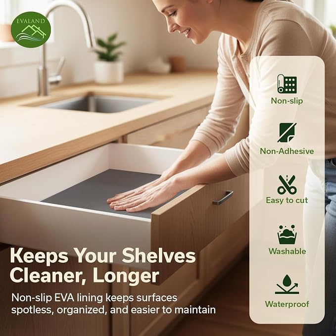 EVALAND Shelf Liner Cabinet Liner Non-Adhesive Drawer Liner 17.7 in x 33 FT | Non-Slip, Washable, Waterproof, Fridge Liners, Contact Paper, Shelf Liners for Cabinets, Kitchen, Refrigerator, Gray - Image 3
