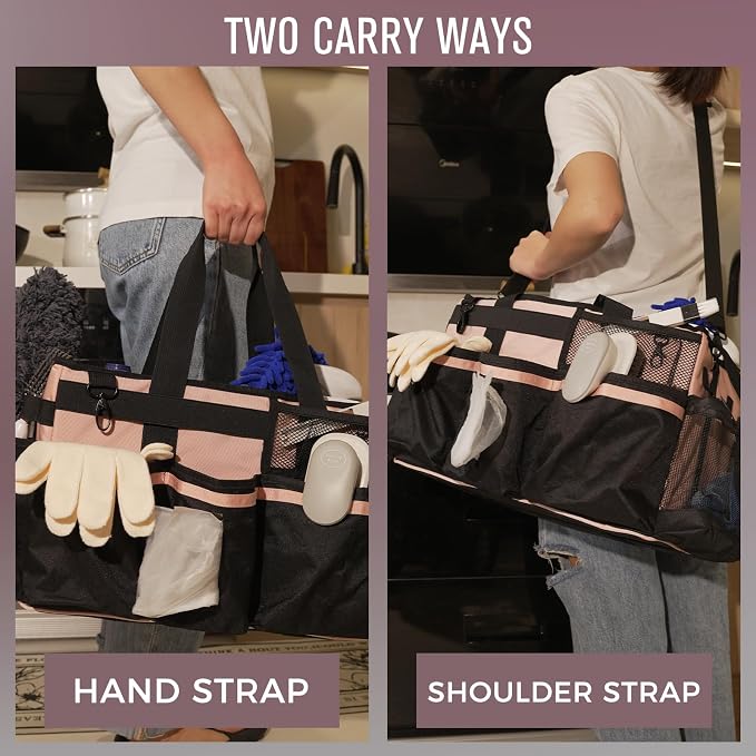 SCAVATA Wearable Cleaning Caddy, Cleaning Caddy Supplies Organizer with Handle & Shoulder Straps for Housekeepers, Under Sink & Car Cleaning Tool Organizers Bag with 4 Foldable Divider (Pink) - Image 6