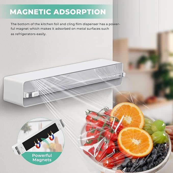 Magnetic Plastic Wrap Dispenser with Cutter - Quasziwa Upgrade Practical Refillable Cling Wrap Aluminum Tin Foil Organizer for Drawer, Include an Extra Roll of 12"X 164' Food Cling Film - Grey - Image 3