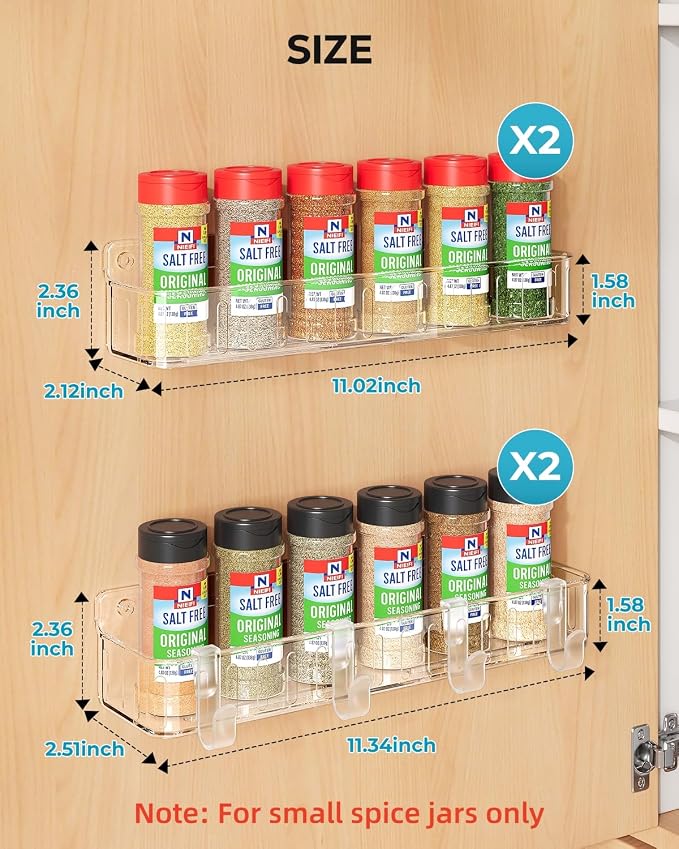 Nieifi Spice Rack Wall Mount, 4 Pack Clear, 2" Depth, Screw/Adhesive | Wall-Mounted with Removable Hooks Saves Counter Space, Fits 2" Deep Jars, Ideal for Kitchen Cabinets, Pantry Doors, and RVs - Image 3