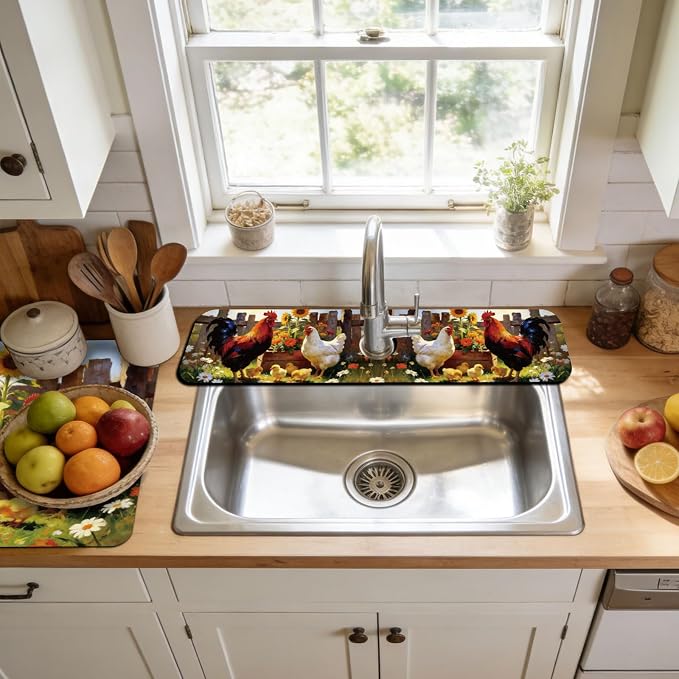 3 Pcs 2 Size Kitchen Sink Splash Guard Faucet Mat Farm Chicken Pattern Faucet Mats for Sinks Chicken Pattern Absorbing Drying Mat for Kitchen Bathroom - Image 6
