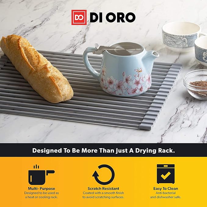 DI ORO Roll Up Dish Drying Rack - Over the Sink, 20.5 x 13 in | Rolls up to store flat when not in use; Heat-safe rods double as a trivet - Image 2