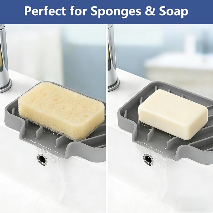 JACZZO Silicone Soap Dish for Shower and Bathroom - Small Bar Soap Holder with Self Draining Spout - Non-Slip Sink Tray Organizer for Kitchen Counter and Narrow Ledge, Gray (3.5" x 5") - Image 8