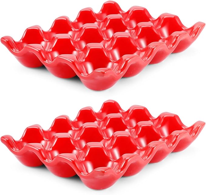 Flexzion 12 Cups Ceramic Egg Holder for Fridge - Dozen Ceramic Egg Tray Porcelain Container Storage Organizer Decorative Serving Stand Serveware for Refrigerator Countertop Display (Red, 2 Pack) by Flexzion