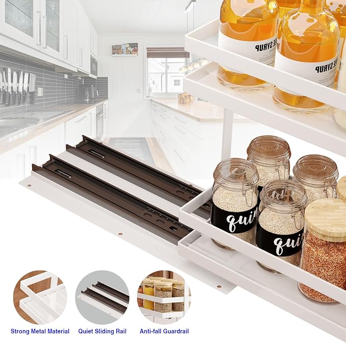 Mustorn 2 Pack Pull Out Spice Rack Organizer for Cabinet, 2 Tier Metal Slide Out Seasoning Organizer and Storage Heavy Duty Vertical Spice Rack Shelf Pullout for Kitchen Cabinets No Drilling (White) - Image 3
