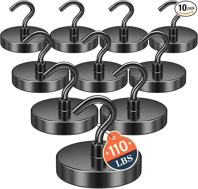 FINDMAG 10 Pack Black Magnetic Hooks, 110LB+ Heavy Duty Magnets with Hooks | Neodymium Magnetic Hooks for Cruise Cabins, Garage, Kitchen, Office, Locker, Strong Magnetic Hanger, Cruise Essentials 2026 by FINDMAG