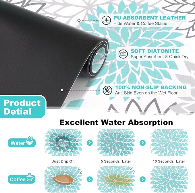 Findosom 2PCS 12" x 20" Dish Drying Mat & 24" x 5.5" Sink Splash Guard, Super Absorbent & Cuttable Dish Mat Drying Kitchen Mat with Teal Floral, Hide Stain Drying Mat for Kitchen Counter - Image 5
