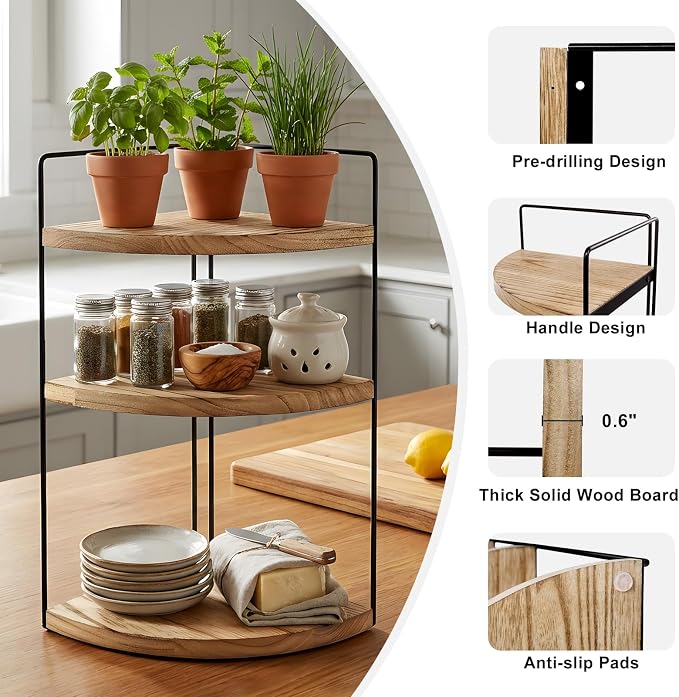 Corner Bathroom Counter Organizer Countertop Brown, 2 Pack 3 Tier Corner Shelf Wood Vanity Tray Easy Assembly Space Saving Shelf for Kitchen, Bathroom, Dresser, Makeup, Office - Image 4